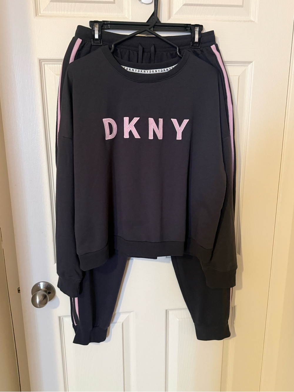 DKNY Women's Charcoal Grey sweatshirt and sweatpant set with pink logo